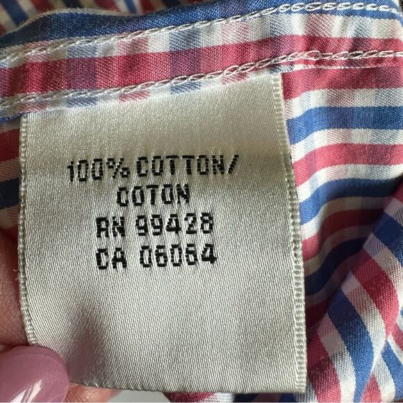Bugatchi Uomo Plaid Button Down Flip Cuff Micro Check Red White Blue 15 1/2 Med - Picture 8 of 10